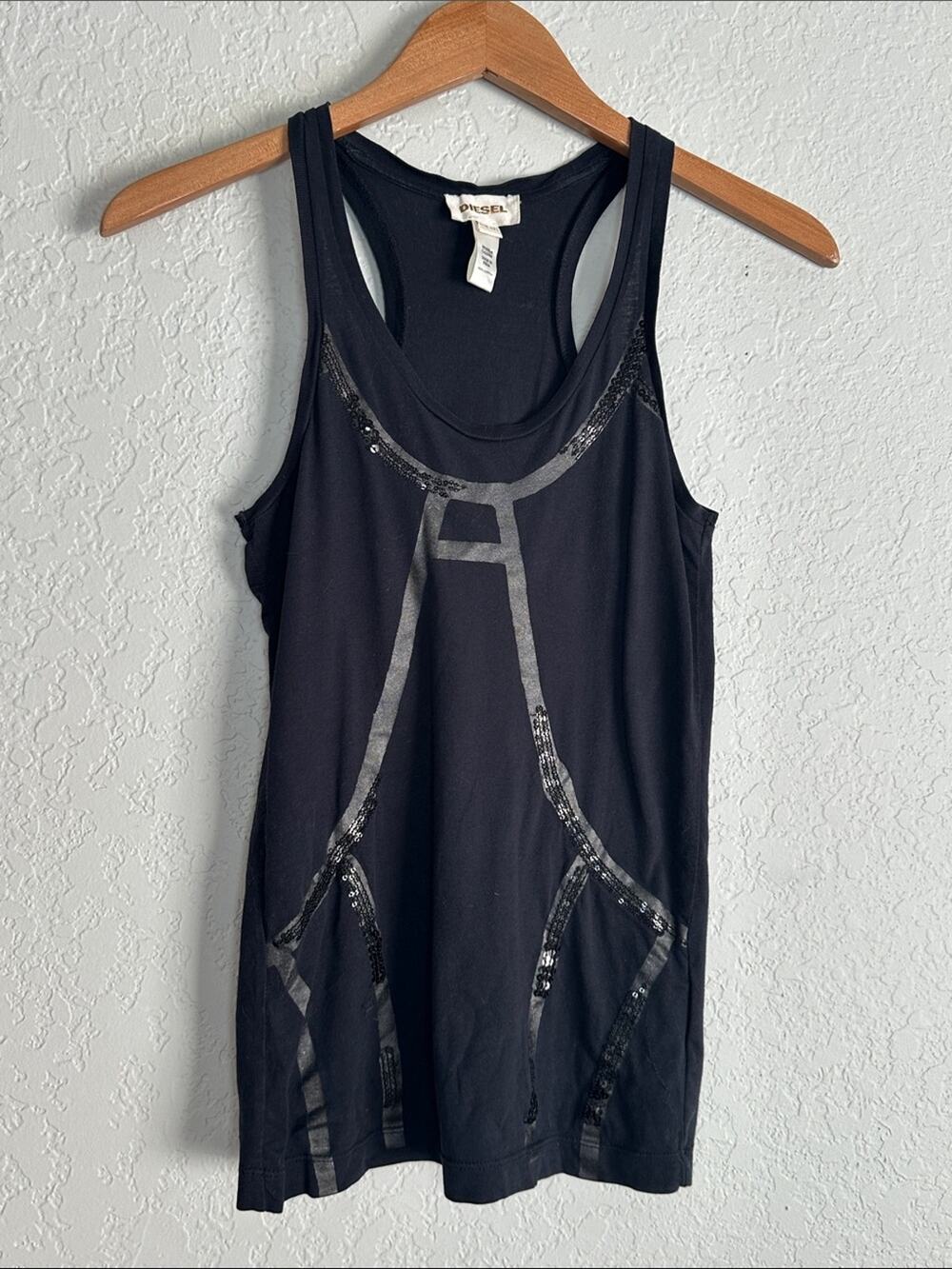 Diesel Black Tank Top Racerback Sequin Long Y2K Silver Bar Logo XXS Oversized